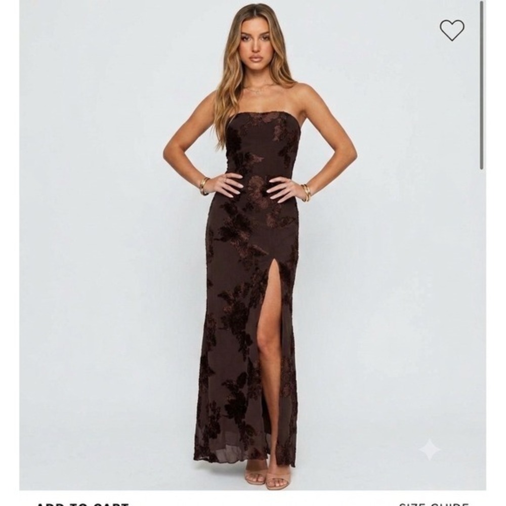 Princess Polly Brown Maribeth Burnout Velvet Floral Strapless Maxi Dress Slit
8